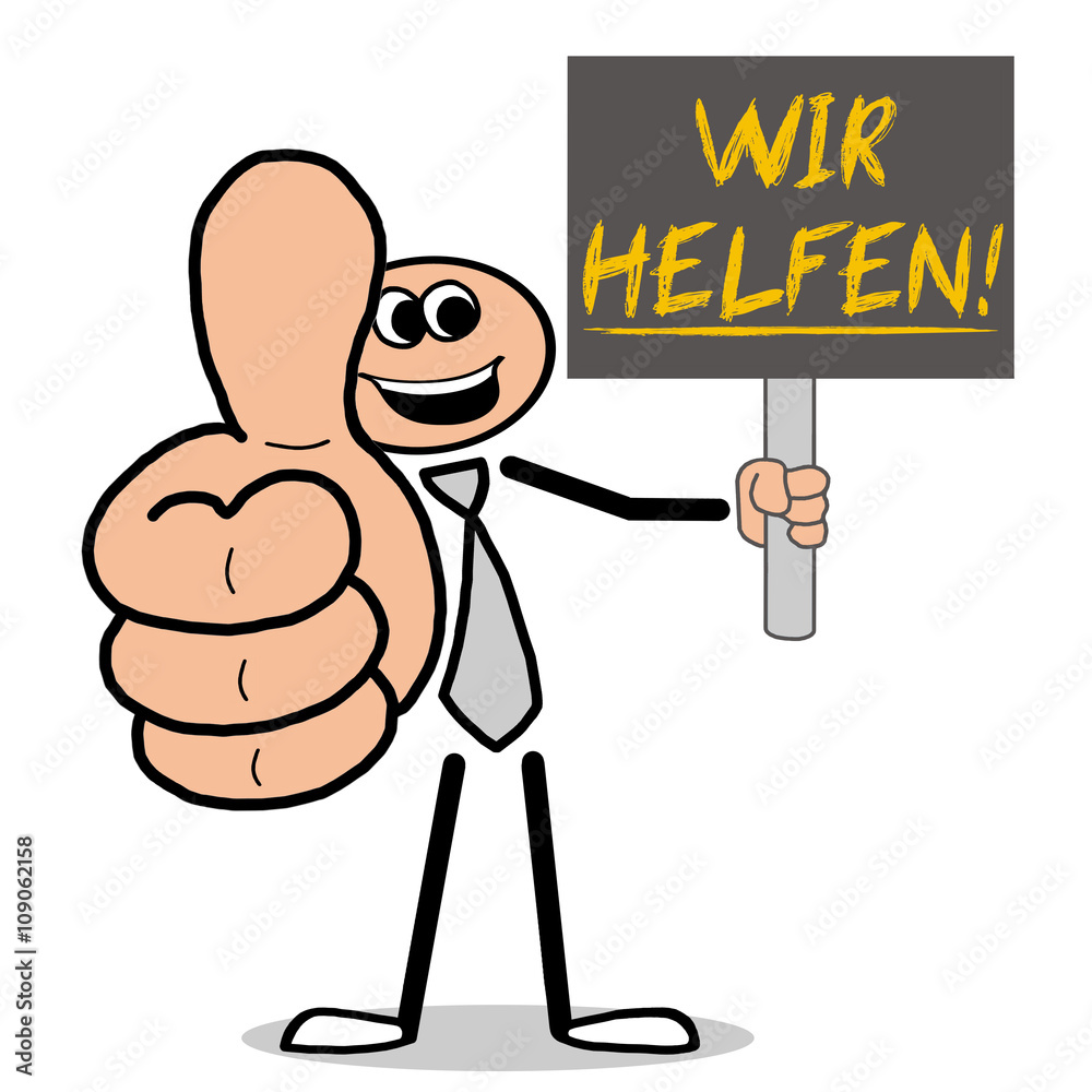 Poster wir helfen! mann mit schild hält daumen hoch