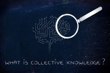 electronic brain with magnifying glass, collective knowledge