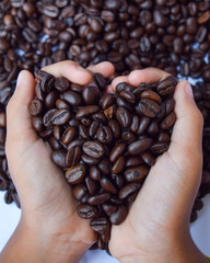 Coffee beans and hand on white background