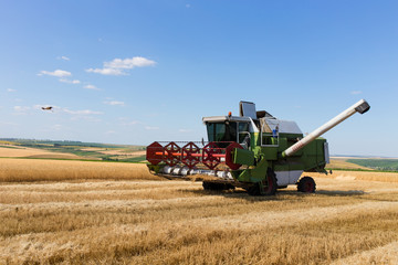 Obraz premium Combine harvester working on a wheat field.