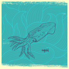squid on wave background. vactor hand drawn illustration