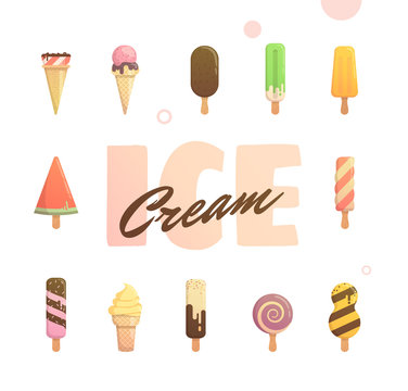 Bright icons for ice cream, simple design for the web. Funny character for prints, posters in the shop of sweets. Cover for phone, notebook, notepad. Set of ice cream.