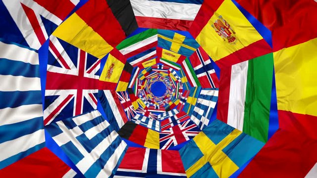Flags of Europe contries in whirlpool 3d effect. England Greece Norway Italy  Spain  Germany Sweden and France