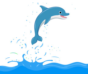 Cartoon dolphin in water. Vector illustration.
