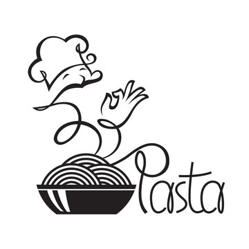 monochrome icon of chef and dish with pasta