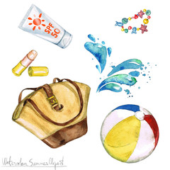 Watercolor Summer Clipart - Bag, Sunscreen, Beach ball.