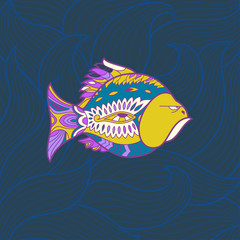 angry fish. vector illustration with ornamental fish on wave background