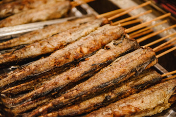 Asian food market with seafood.
