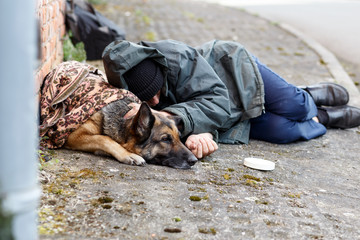 male homeless and his dog - obrazy, fototapety, plakaty