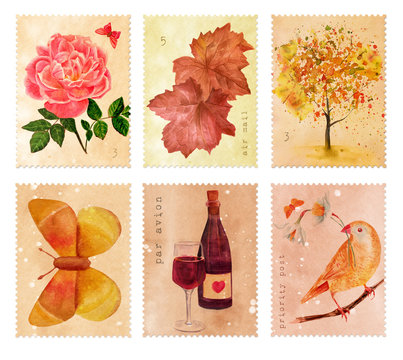 Set of stamps with vintage style watercolor drawings
