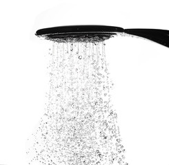 Naklejka na ściany i meble Water drops from shower head in bathroom on white background