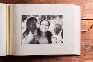 Mothers day composition. Photo album, black-and-white picture. W - obrazy, fototapety, plakaty