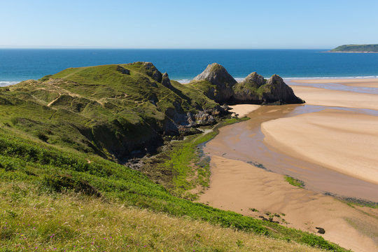 Three Cliffs Bay the Gower Wales uk in summer sunshine beautiful part of the peninsula
