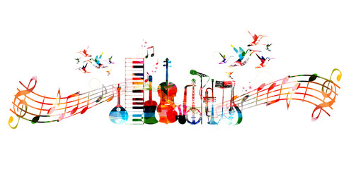 Naklejka premium Colorful music instruments background with hummingbirds