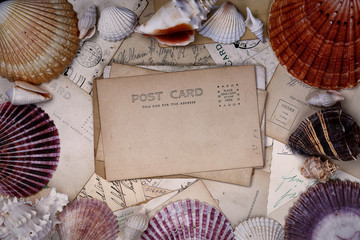 Vintage background from old post cards with shells