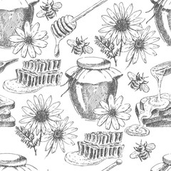vector honey seamless pattern. hand drawn jar, spoon, stick, cells, camomile. ink sketch of organic nature products