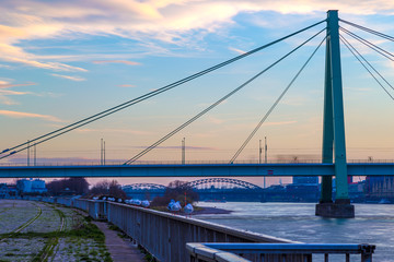 Closeup of Severins Bridge in Cologne, Germany at dusk