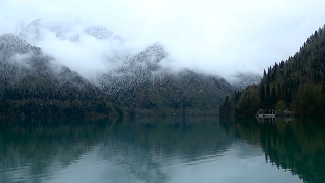 panorama left-to-right Ritsa lake in the spring morning