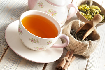 Cup of tea, tea leaves and teapot
