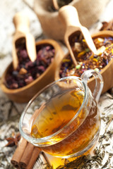 Cup of tea and mix of assorted tea leaves