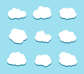 Fototapeta premium Set of blue sky, clouds. Cloud icon, cloud shape. Set of different clouds. Collection of cloud icon, shape, label, symbol. Graphic element vector. Vector design element for logo, web and print