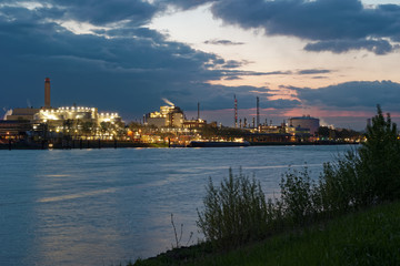 Chemical production plants in Ludwigshafen as seen from Mannheim in Germany. 