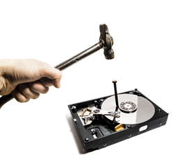 A hammer hits a nail into the hard drive from the computer