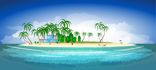 Fototapeta na wymiar Tropical island and resort with palm trees and beach