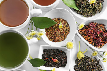Different sorts of tea on white background