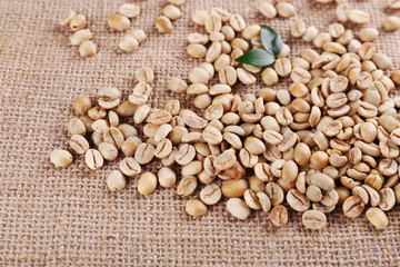 Green coffee beans on sackcloth material.