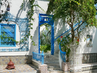 Traditional white and blue interior of house in Sidi Bou Said, Tunisia.