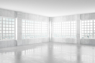 Empty light concrete room with windows and city view, 3D Renderi