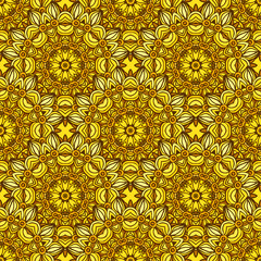 Seamless pattern with beautiful Mandalas in trendy yellow colors. Vector illustration
