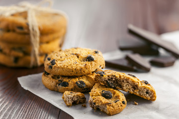 Sweet cookies with chocolate on a table. Biscuits for dessert.