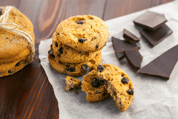 Chip cookies with chocolate for dessert. Baked biscuits. Close-up shot.