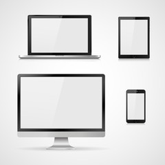 Set of realistic computer monitor, laptop, tablet and mobile phone with empty white screen. Various modern electronic gadget isolated on white background. Vector illustration