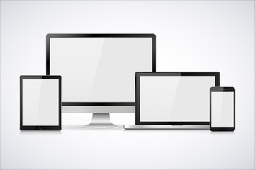 Set of realistic computer monitor, laptop, tablet and mobile phone with empty white screen. Various modern electronic gadget isolated on white background. Vector illustration