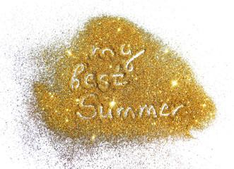 Inscription My Best Summer on golden glitter sparkle on white background
