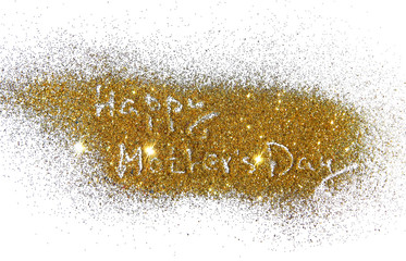 Inscription Happy Mother’s Day on golden glitter sparkle on white background