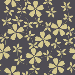 Seamless patterns with yellow flowers and leaves on purple baclg