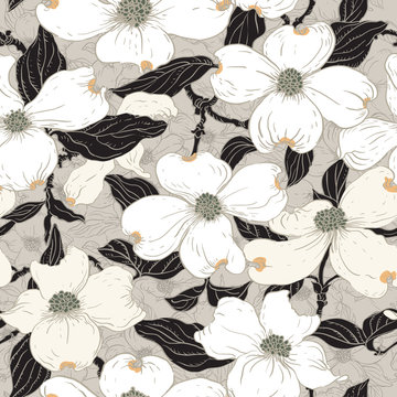 Dogwood seamless pattern.
Hand drawn vector pattern with dogwood blossom motif.