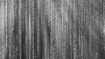 Black and white animated matrix background, computer code with symbols and characters.