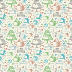 Seamless hand written pattern for tea time theme. With tea, cup,