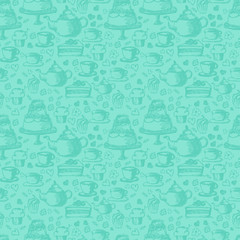 Seamless hand written pattern for tea time theme. With tea, cup,