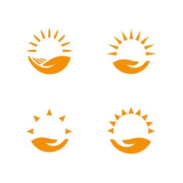 Weather Logo Set. Hand Holding The Sun