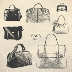 Drawn handbags set. Vector Illustration.