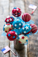 Sweet cake pops with USA flag decoration,selective focus