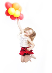 girl jump with balloons 