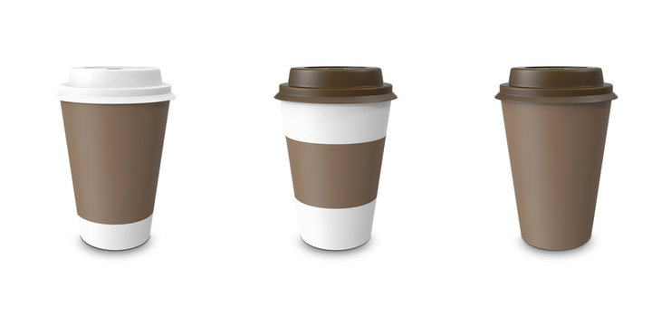 Collection, group, set, take-out coffee with cup holder. Isolated on a white background.