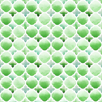 Morrocan ornament of green colors on white background. Watercolor seamless pattern